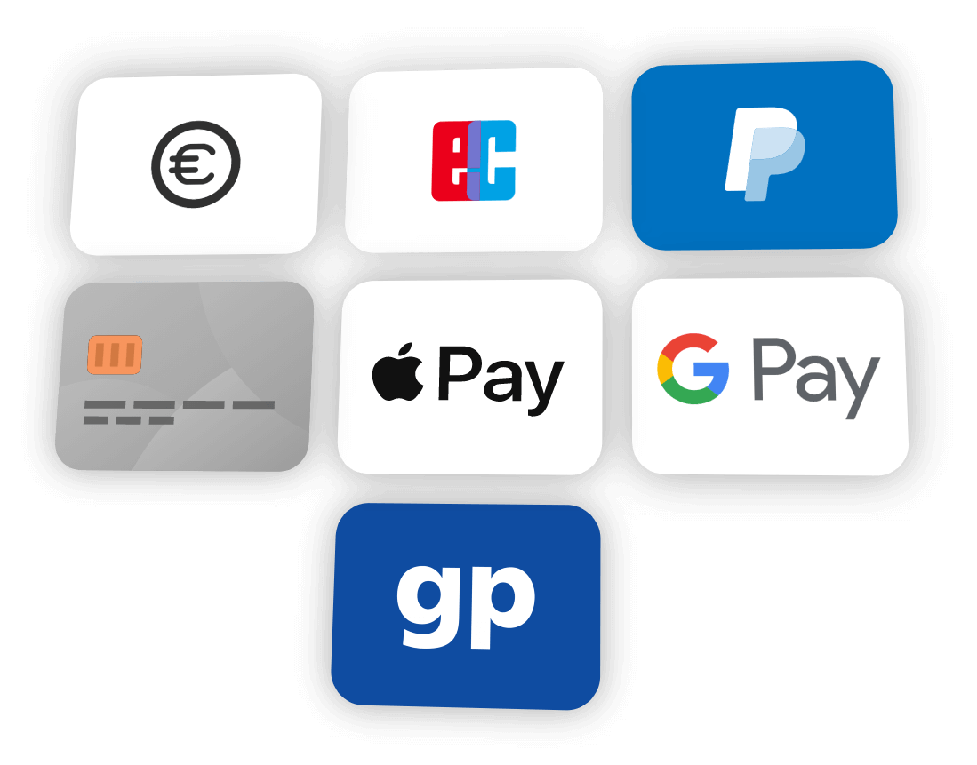 Wählens Sie Ihre Online-Zahlungsmethoden: PayPal, Kreditkarte, Apple Pay, GPay, Giropay.